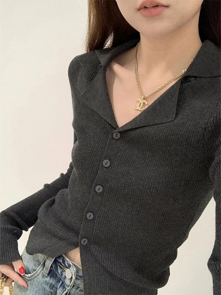 Chic lo lapel knitted sweater spring waist thin Spice girl style long-sleeved sweater temperament top