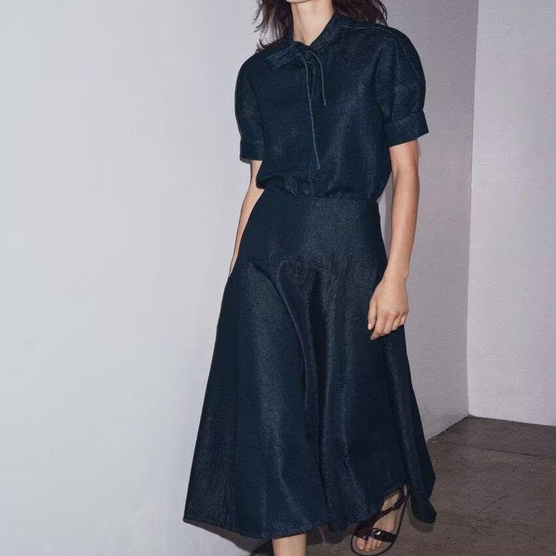 Zbzr Autumn New Women clothes Western Style Knot Decoration Demin shirt Midi Dress 5216249244 9863244