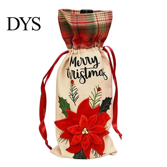 Christmas Party Table Decorations Wine Gift Bag, Reusable Burlap Bottle Cover with Drawstring, Plaid Bags Xmas Tree Gnome Truck Print Sleeves