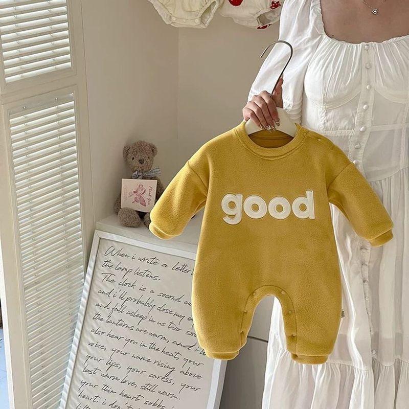 

Korean Style Solid Color Cartoon English Print Jumpsuit for Autumn and Winter, New Comfortable and Warm Baby Romper, Cute and Versatile Yellow 73CM