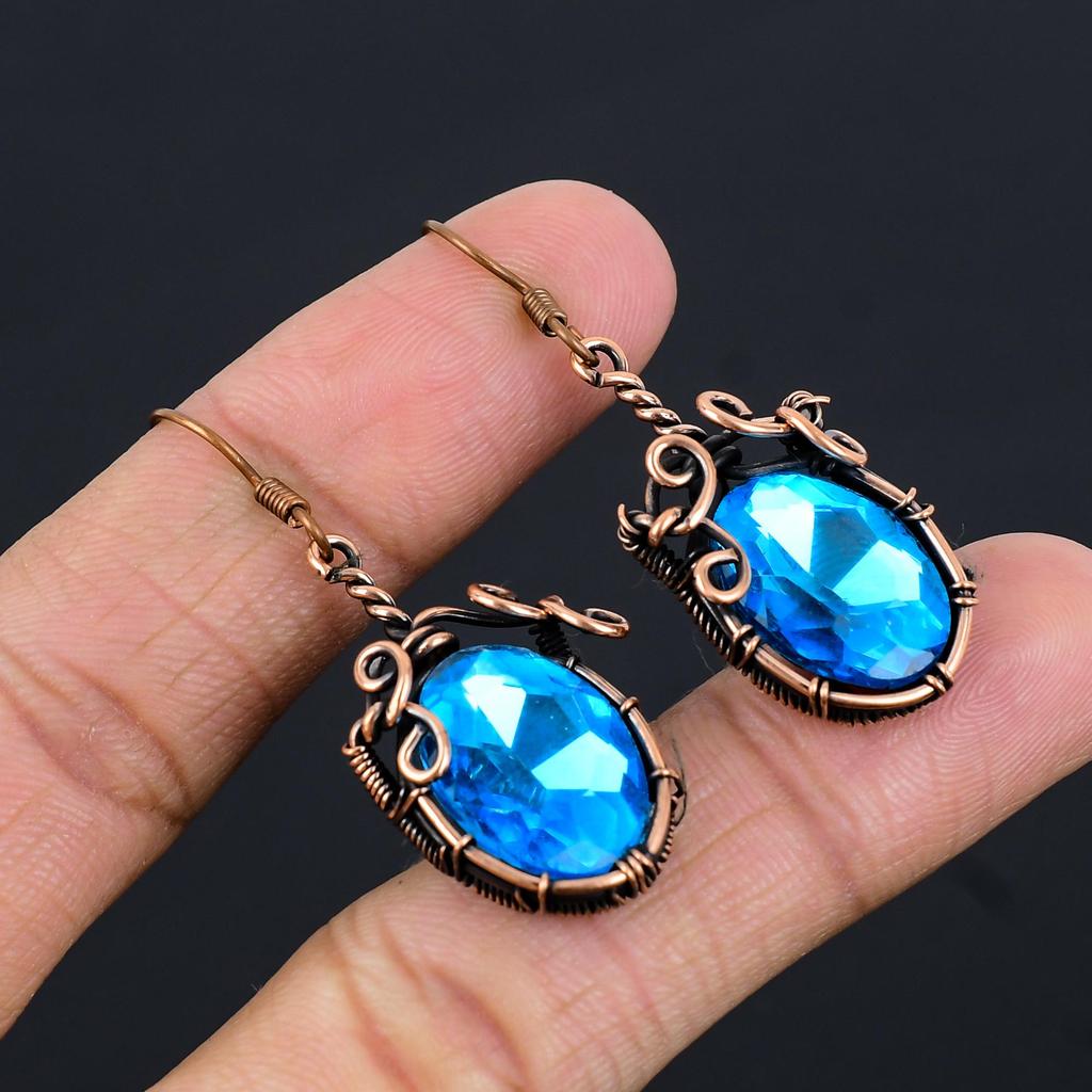 Blue Topaz Earrings, 999 Copper Wire Wrapped Gemstone Jewelry, Handmade Earrings, For Thanksgiving