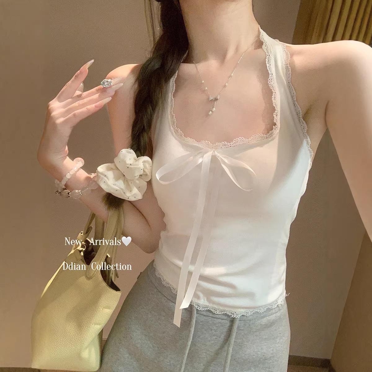 Sweet Spicy Lace Trim Halter Camisole - White Women s Summer Crop Top One Size белый