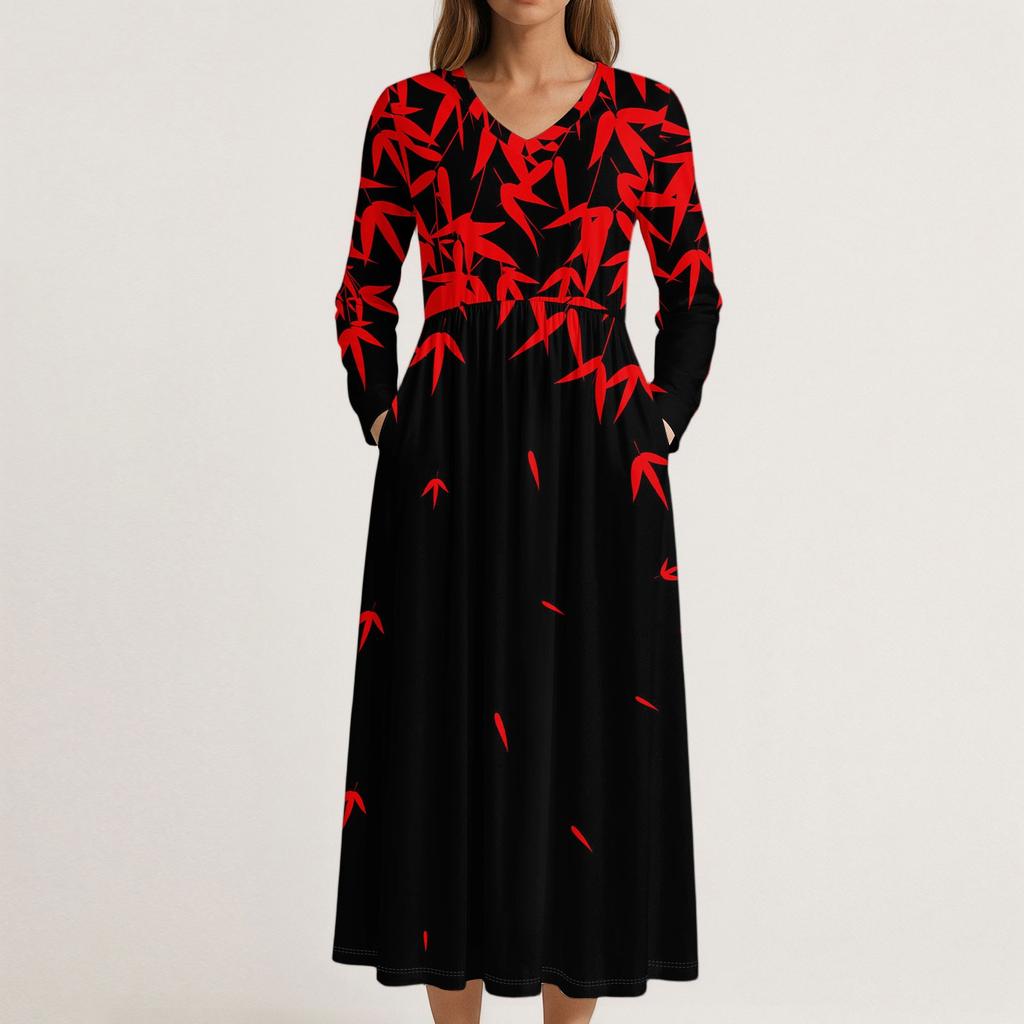 Kjole for kvinner Lang Boho Strandkjole Elegant Maxikjole V-hals Langermet Kjole med Lommer