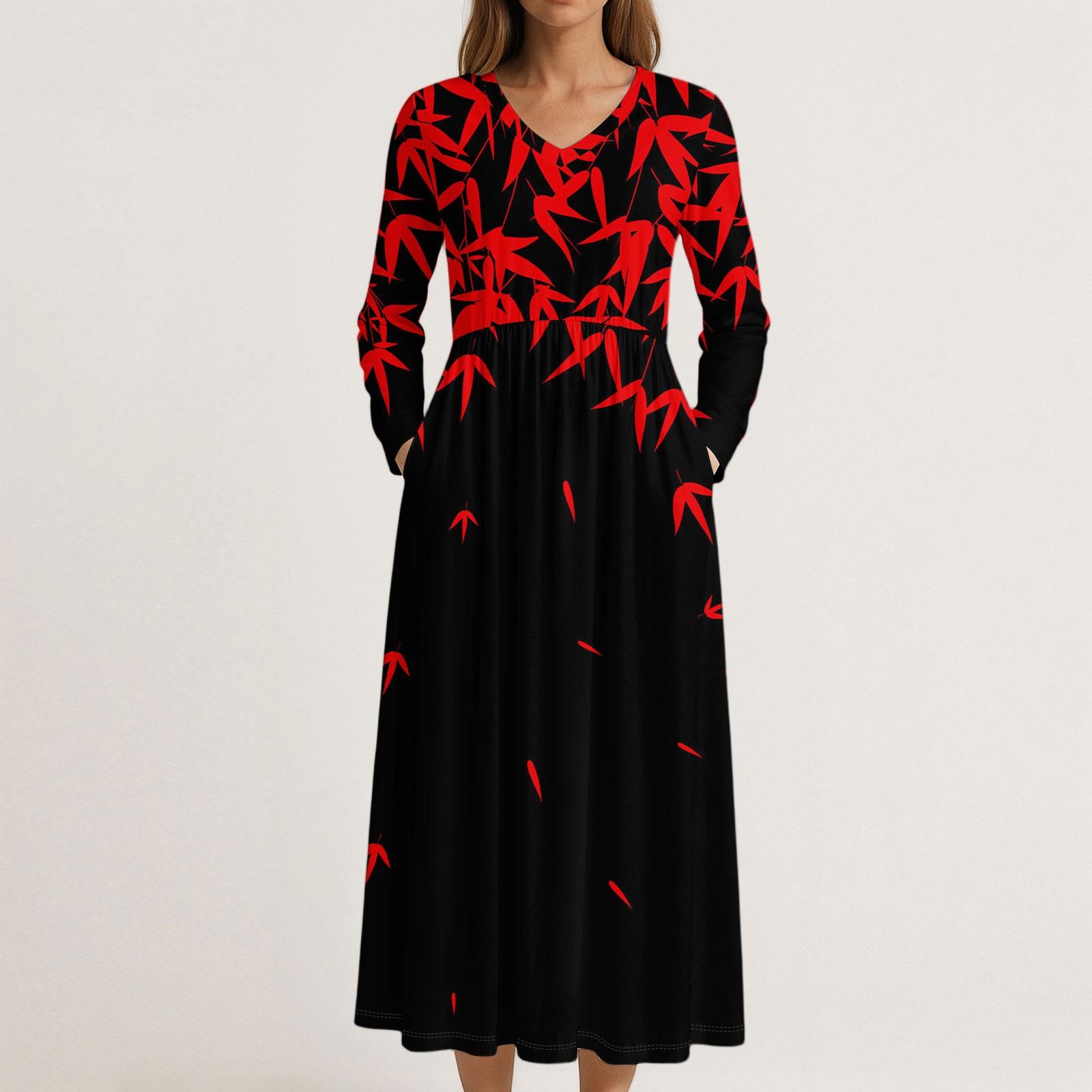 

Dress For Women Long Boho Beach Dress Elegant Maxi Dress V-Neck Long Sleeve Dress With Pockets XXL червоний