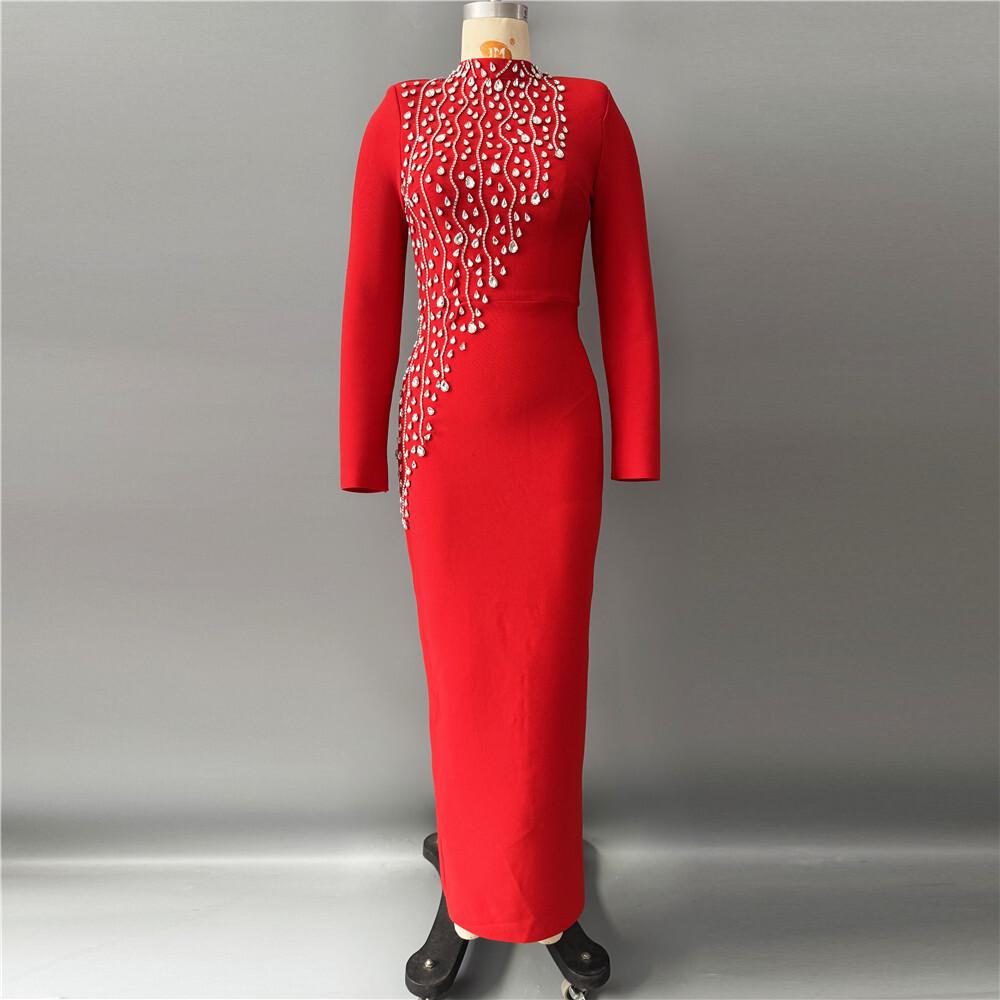 Elegant European & American Rhinestone Beaded Long-Sleeve Slim Fit Party Dress
