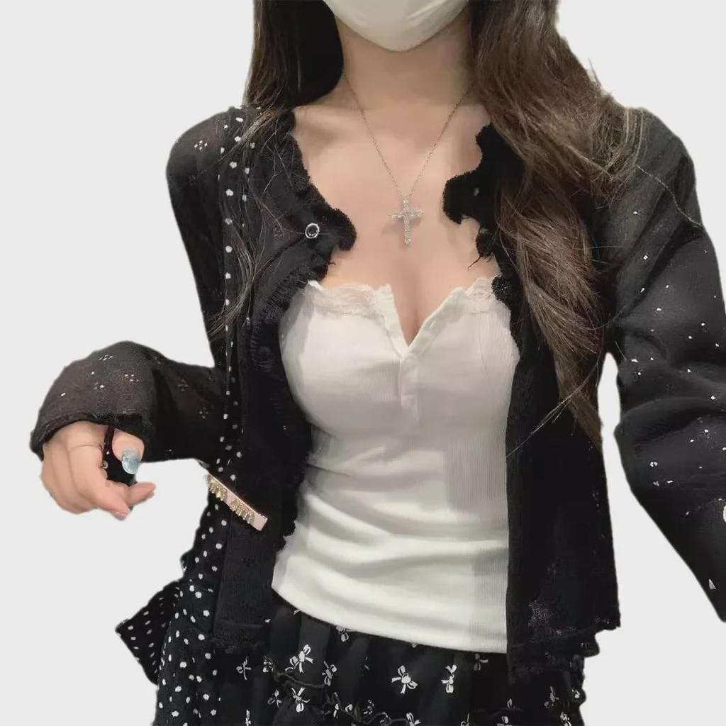 Elegantní korejský letní svetr s dutým úpletem 2025 - Dámský volný kardigan s krátkým dlouhým rukávem