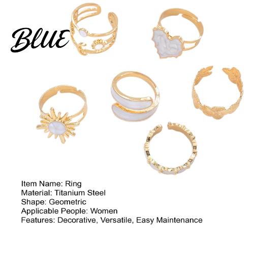 Titanium Steel Statement Rings 6Pcs Open Adjustable Flower Heart Sun