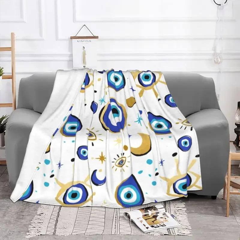 Mediterranean Blue And Gold Evil Eye Blanket Flannel Fleece Warm Hamsa Nazar Amulet Boho Throw Blankets for Home Bed Couch Quilt