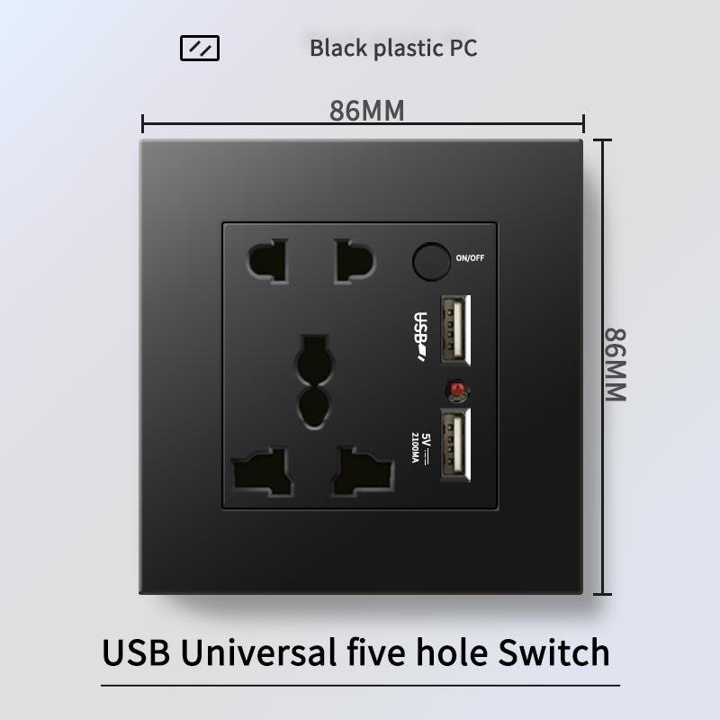 13A British Standard Socket with USB & Type-C Fast Charging, Light Switch, Black Panel for Hong Kong & Macau