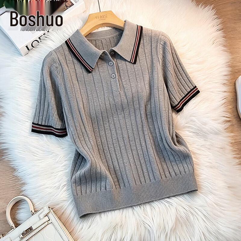 Sibai She Women s Striped Wool Blend Knit Polo T-Shirt One Size