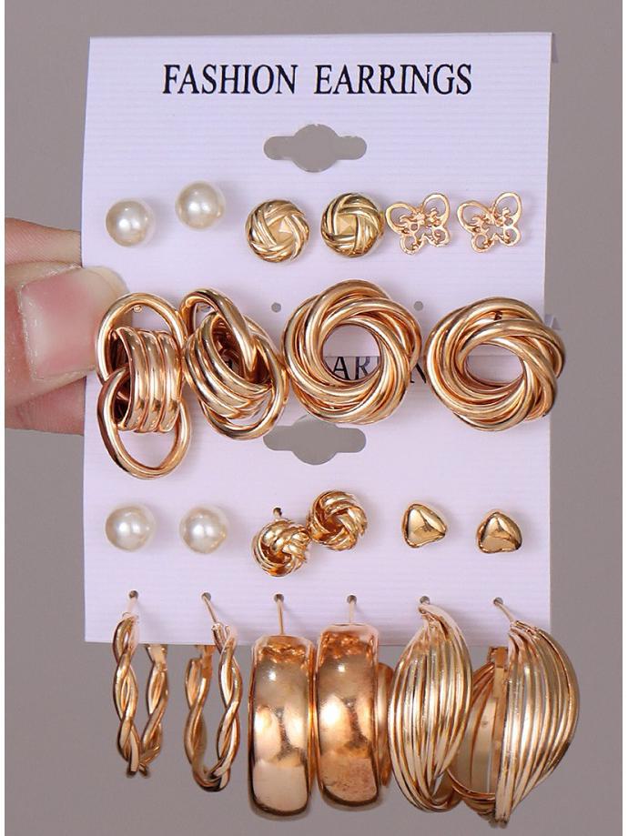 Exaggerated Geometric Butterfly Earrings Set: 12-Piece European and American Style Pearl Earrings for Women
