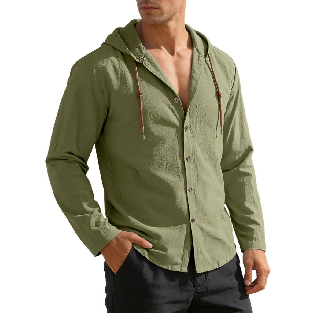 Herren Langarm Button-Down Hemd mit Kapuze Lässig Leicht Kordelzugkapuze Entspannte Passform Oberteil für den Alltag