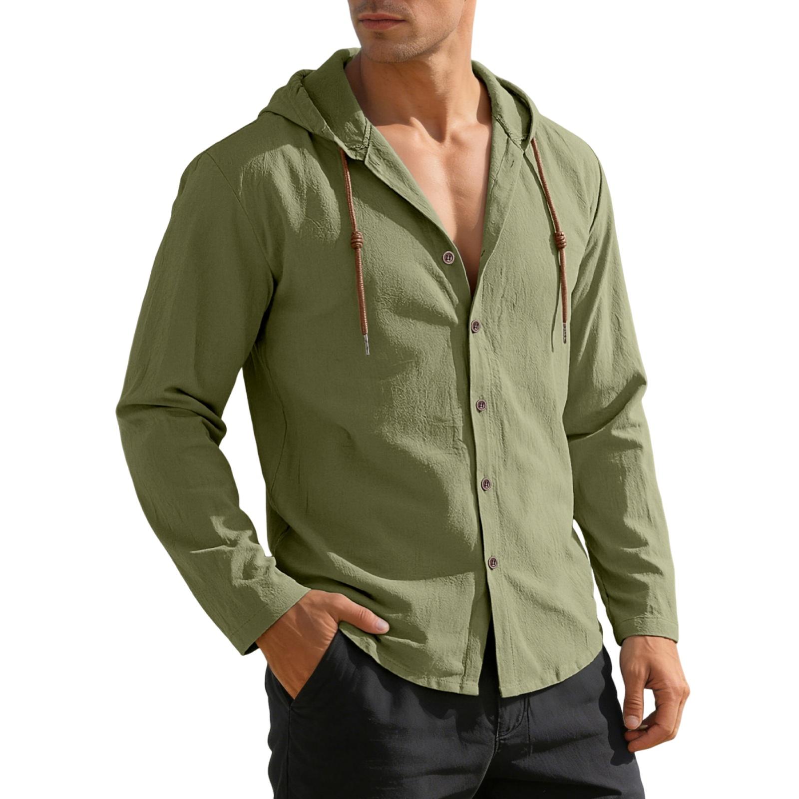 

Men s Hooded, Business-, Breathable, Buttoned Long-sleeved Coat Shirt L армия зеленый