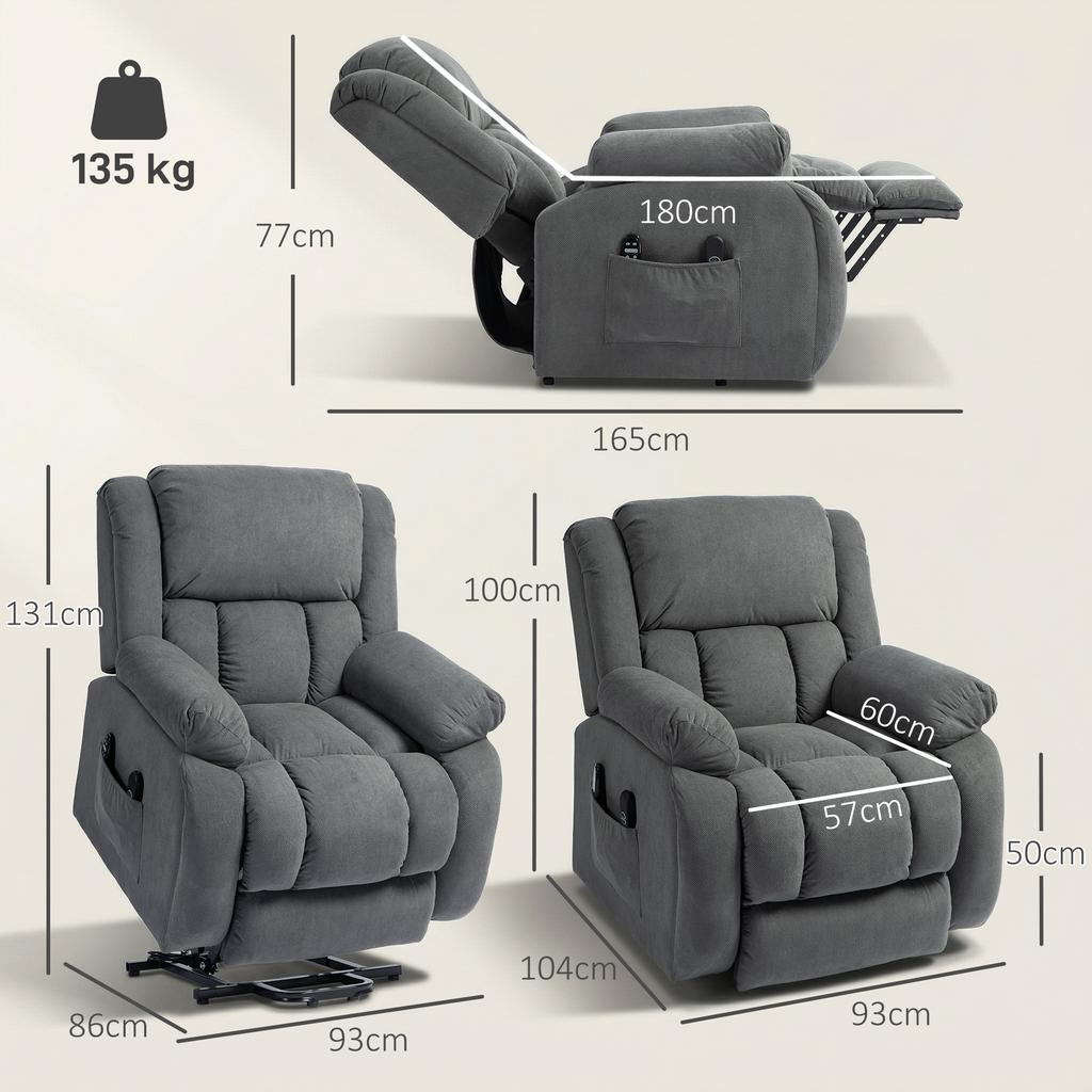 Recliner Armchair Lift Chair, Electric Recliner Chair with Vibration Massage and Heat, Wide Seat, USB Port, Grey