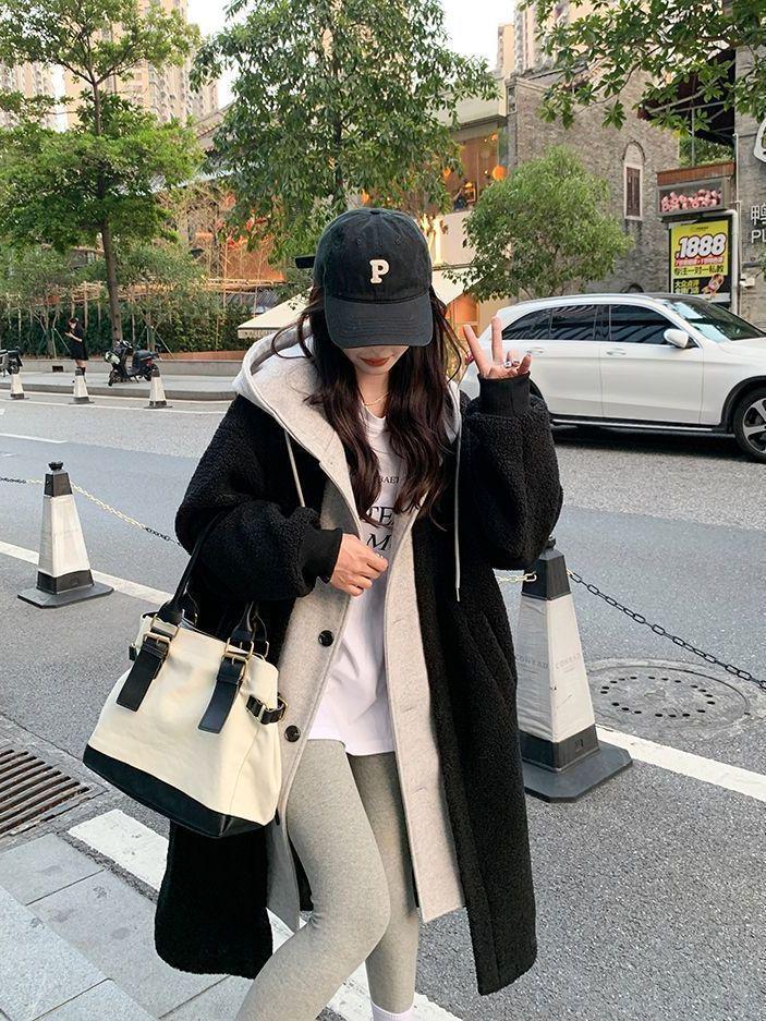 Chic Korean 2025 Autumn/Winter Long Hooded Lambswool Skirt Jacket