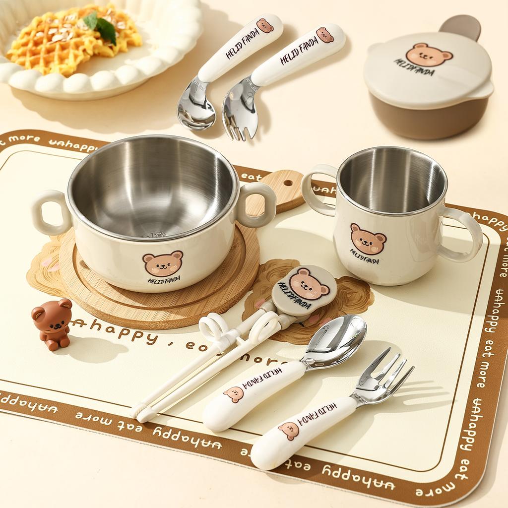 WORTHBUY Kid Dinnerware Set 304 Stainless Steel Child Cutlery Anti Scalding Detachable Bowl Water Cup With Spoon Fork Chopsticks