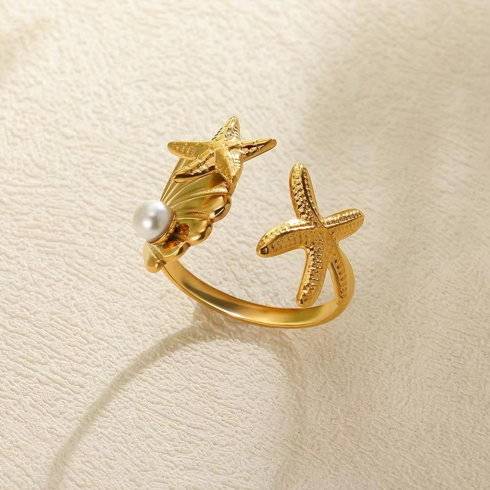 Creative oil pressure starfish conch titanium steel ring female zircon inlay with design summer beach jewelry