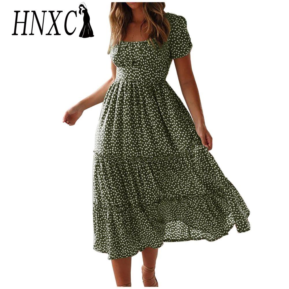 HNXC Summer Love Polka Dot Dress Women Casual A-Line Short Sleeve Square Collar Ruffle Midi Dress Chiffon Red Black Blue Green