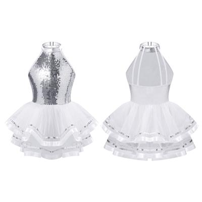Girls Shiny Sequins Dance Dress Sleeveless Round Neckline Decorated Straps Hollow Back Tutu