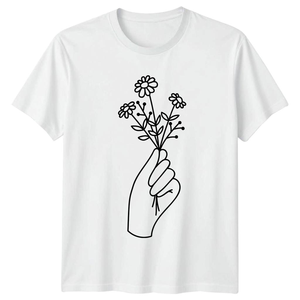 Hand Holding Flower Bouquet TShirt Botanical Line Art Floral Nature