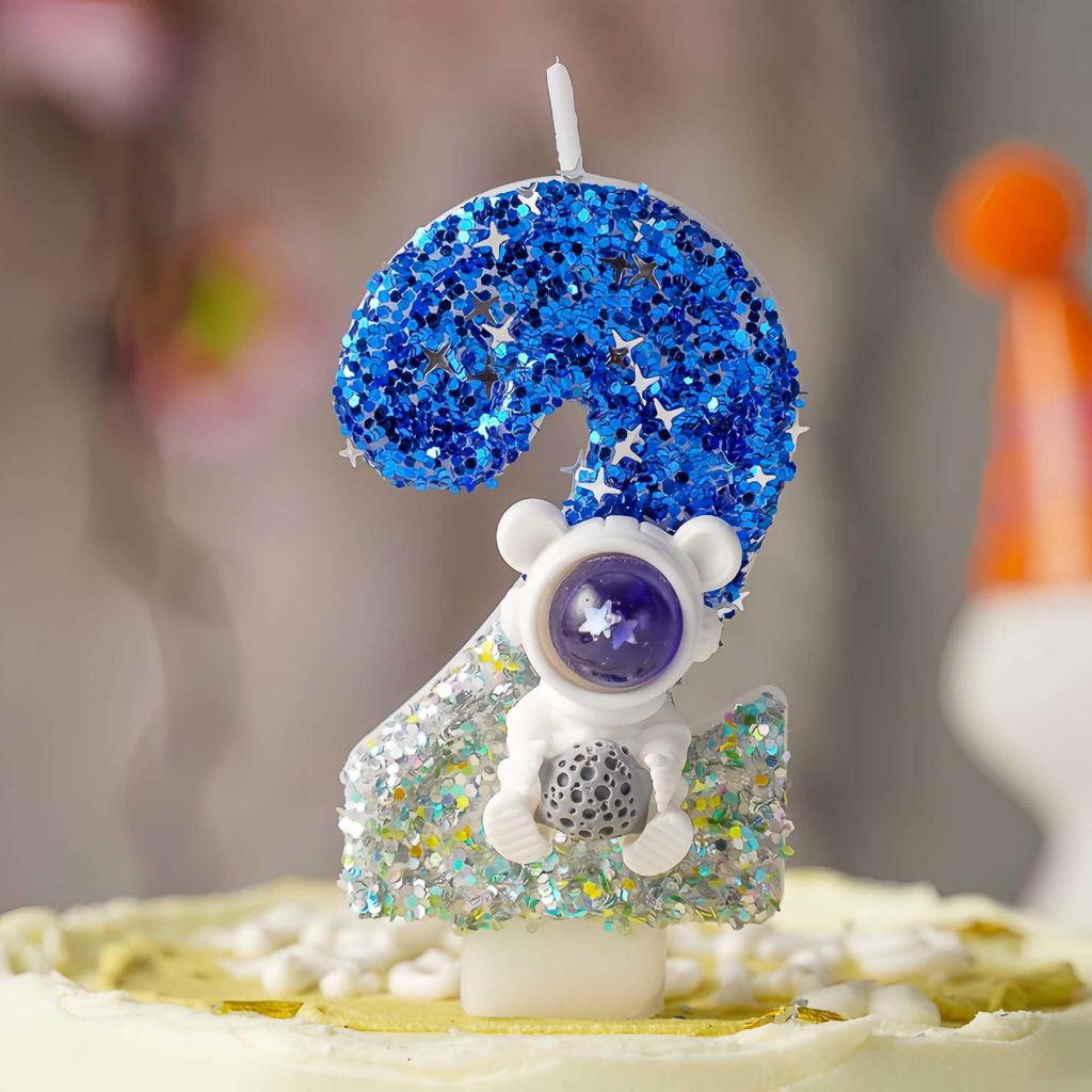 Creative Astronaut Birthday Cake Number Candles with Sequins - Fun Cartoon Atmosphere