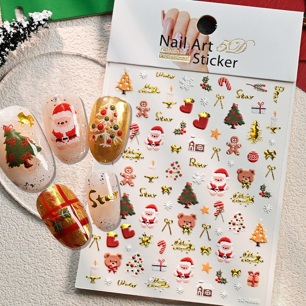 1PC 3D Luminous Colorful Light Christmas Nail Stickers Green Pine Branch/Red Bauble Star Nail Decals Adhesive Holiday Nail Decor