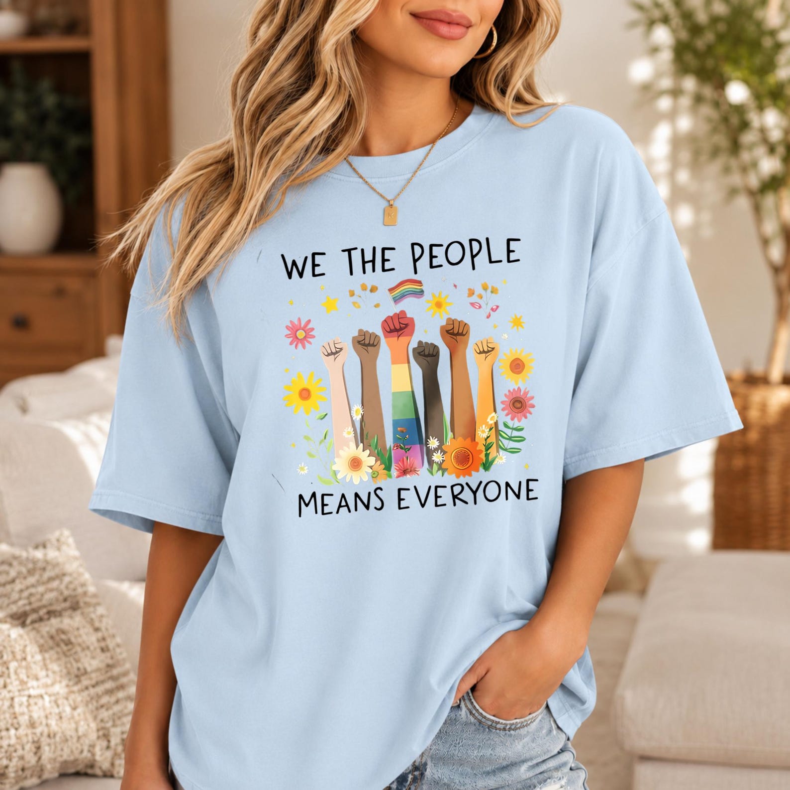 We The People Means Everyone Floral Fist Tee, Multi Skin Tone Rainbow Raise Fist Equality Graphic Shirt, Sunflower Pride Civil Rights Top 2XL