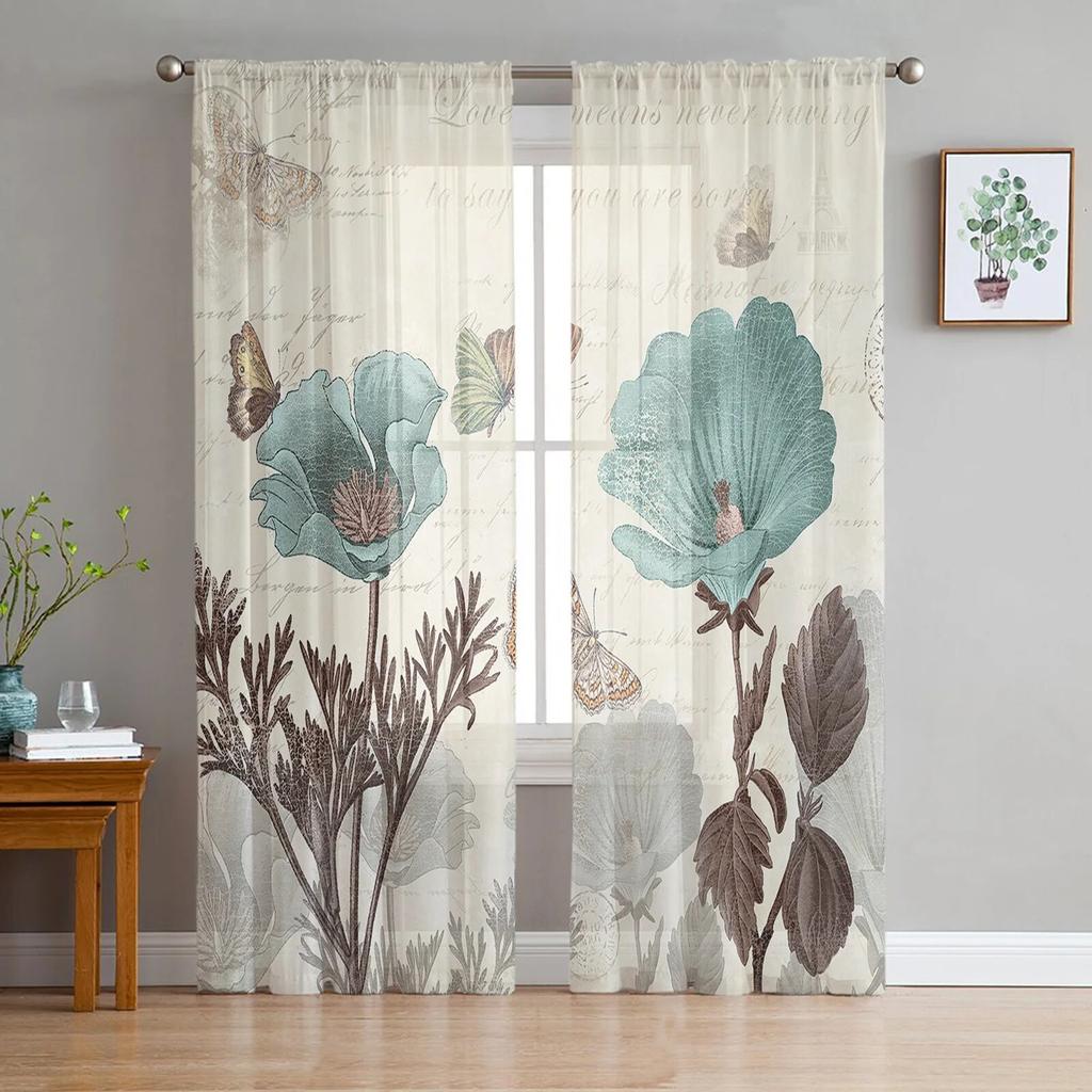 Vintage Tulpen Blumen Schmetterlinge Schlafzimmer Transparente Gardinen Urlaub Dekoration Fenster Voile Tüll Vorhang