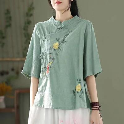 Ethno-Stil Übergröße Stehkragen Schrägkragen Einfarbig Pullover Retro Mittellange Ärmel Baumwolle Leinen Kurzes Oberteil Damen Sommer Blusen Hemden
