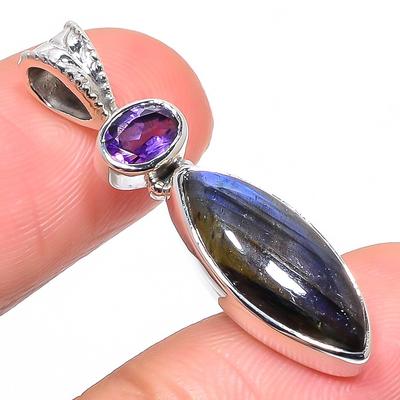 Natural Labradorite,Amethyst 925 Solid Sterling Silver Gift Pendant 1.38" a6K87