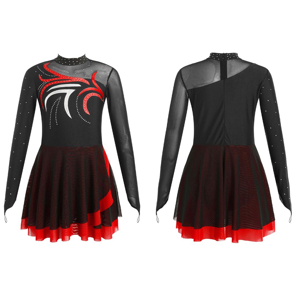 Kunstschaatsjurk voor kinderen Danswedstrijdkleding Meisjesjurken met lange mouwen