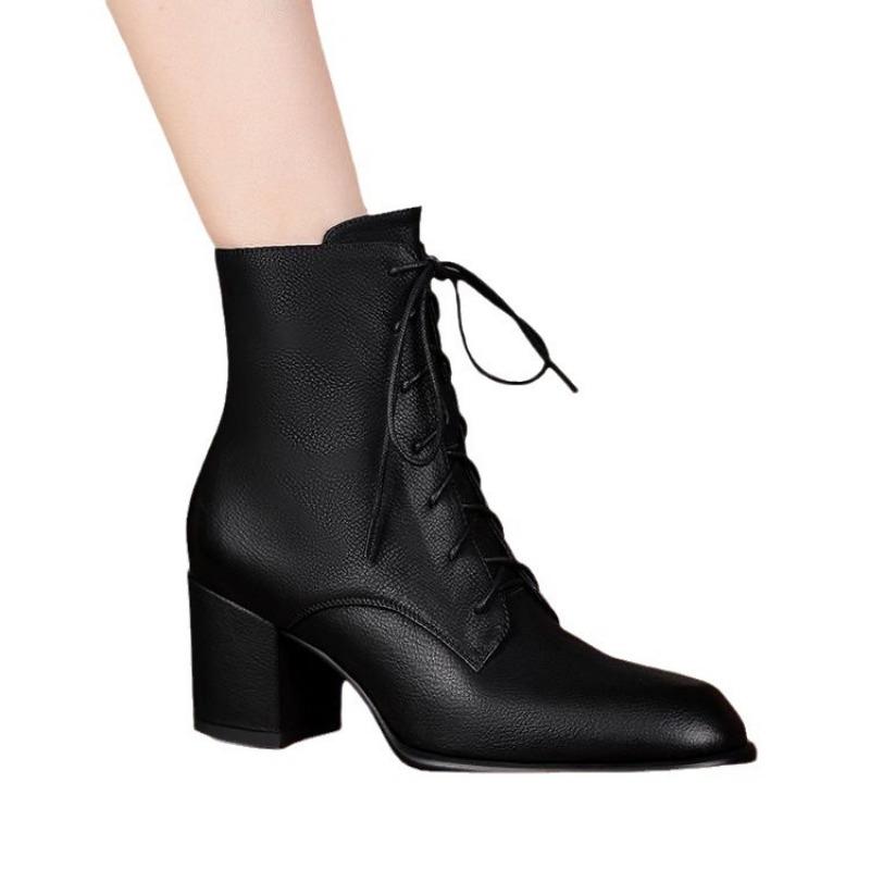New Women's Shoes: Retro, Thick-heeled, Soft-top, Pointed-toe Lace-up Mid-heel Boots and Ankle Boots