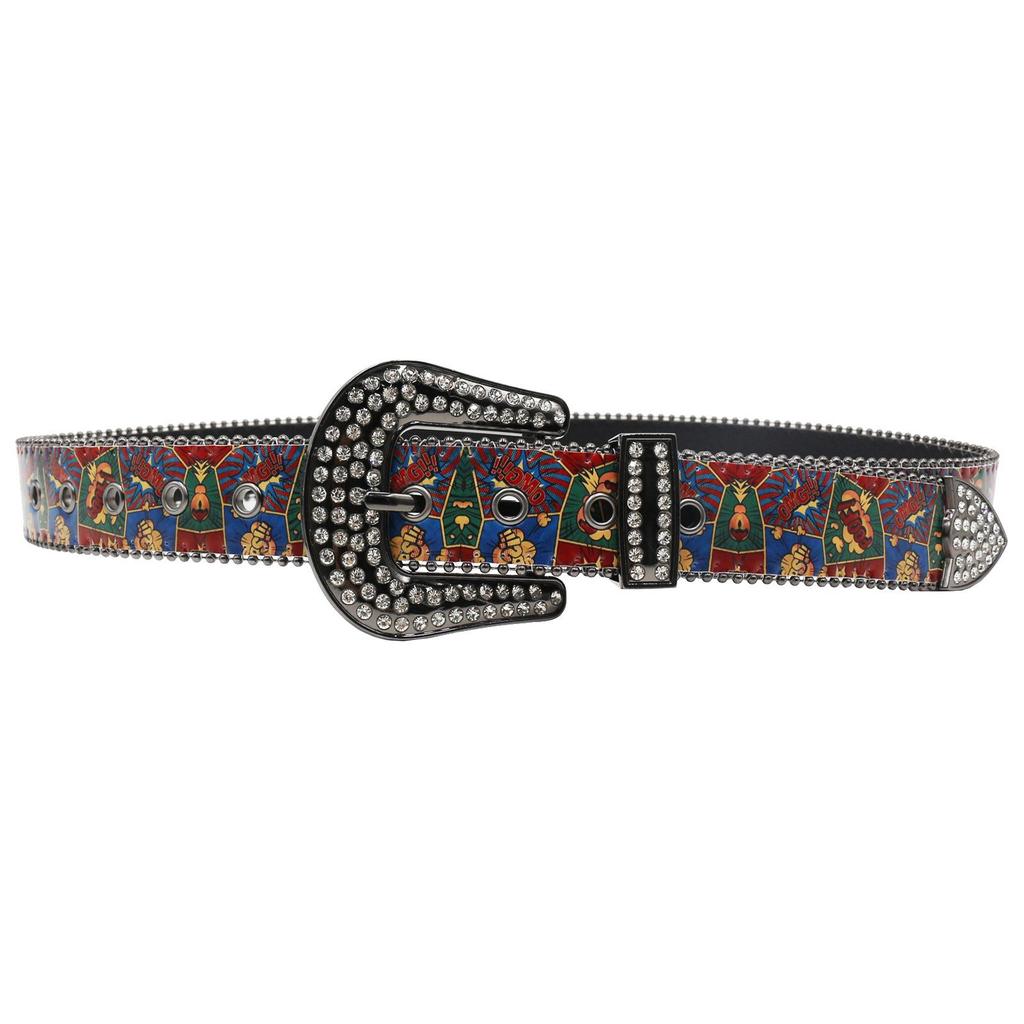 Rhinestone Punk Graffiti Hand-Painted PU Belt - Rock Fashion, European & American Style