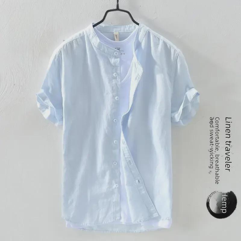 Men's Short-Sleeve Chinese-Style Linen Cotton Shirt - Casual Loose Fit