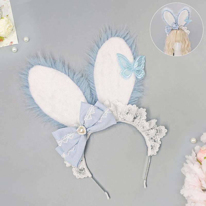 Lolita Lace Bow Bunny Ear Headband Anime Convention Animal Ear Hairband Cute Plush Bunny Ears KC Headwear Cosplay Accessories