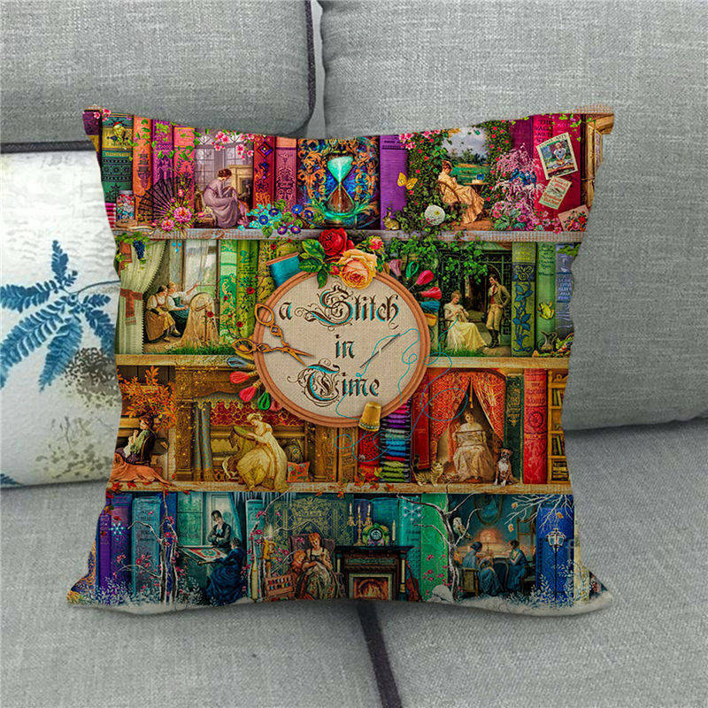 Watercolor Library Oil Painting Digital Printing Short Plush Pillow Covers For Car Sofa Office Cushion Cover Home Goods 60X60Cm