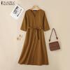 ZANZEA Women Casual V-Neck Solid Color Loose Long Sleeve Dress