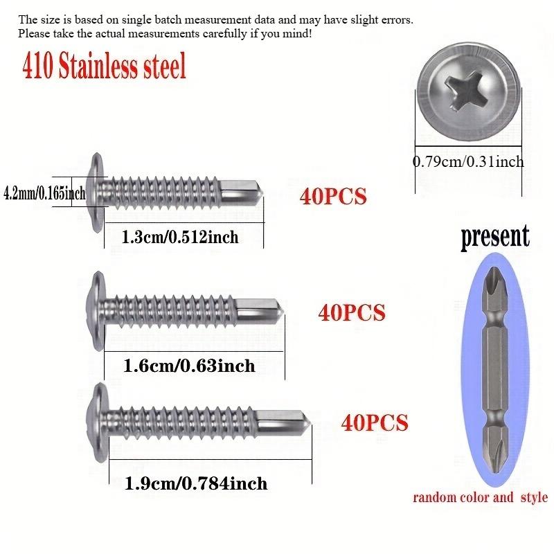 Šroub s vrtací špičkou z nerezové oceli 410, Křížová plochá zápustná rybinová hlava, Samosvrtný šroub, Dostupné tři velikosti