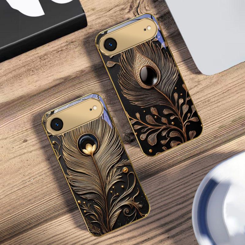 Złote Pióro Klejnot Dla IPhone 17Pro Max 16 17 Pro 15 Pro 14 13 Plus 12 Mini 11Pro Max XR 16E 17Air Złote szklane etui na telefon