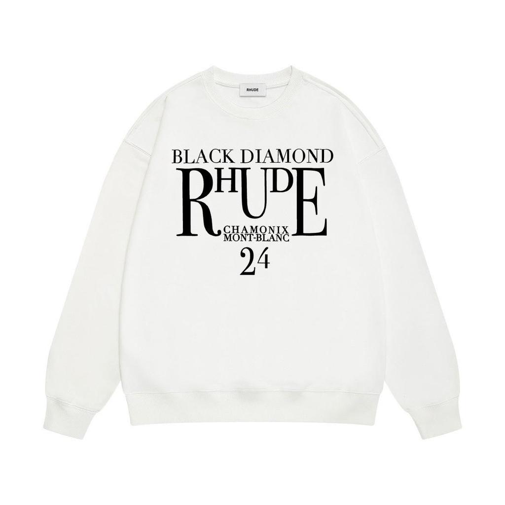 New Men's RHUDE Letter Print Loose Terry Round Neck Hoodie