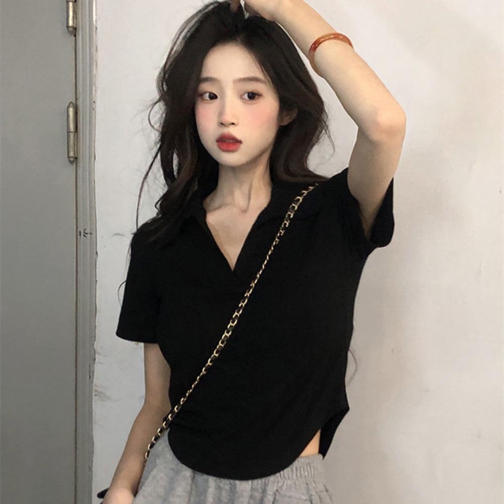 Short-Sleeved T-shirt Women's Short Skinny T-shirt Summer Design Retro Hot Girl Top Clothes Polo