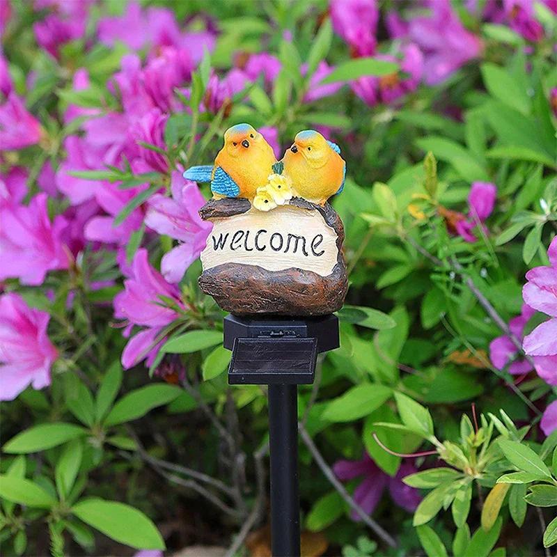 Welcome Bird Solar Garden Light Outdoor Waterproof Resin LED Stake Lamp for Yard Lawn Pathway Doorway Landscape Decoration