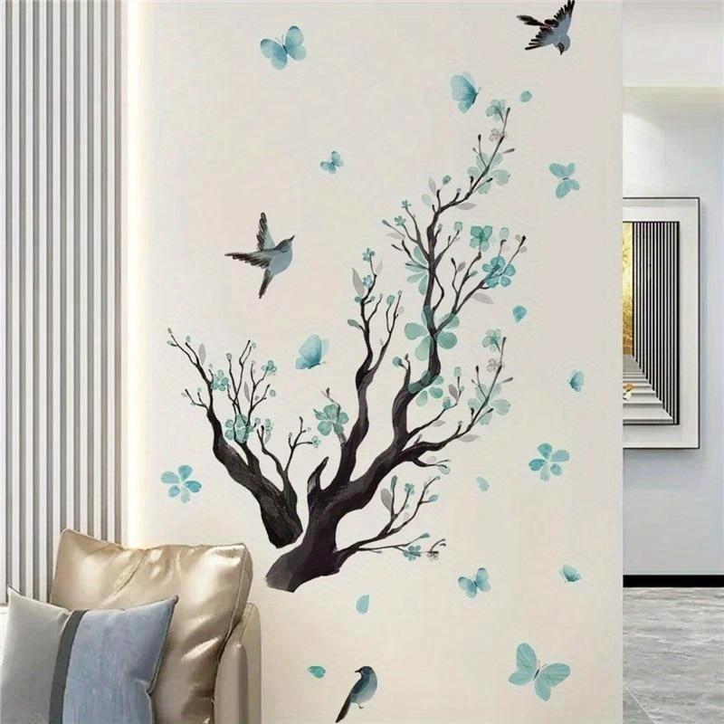 Blue Flower Branches Birds Wall Decals Flowers Wall Stickers Living Room Background Home Decor Wallpaper Bedroom Child Wallpaper
