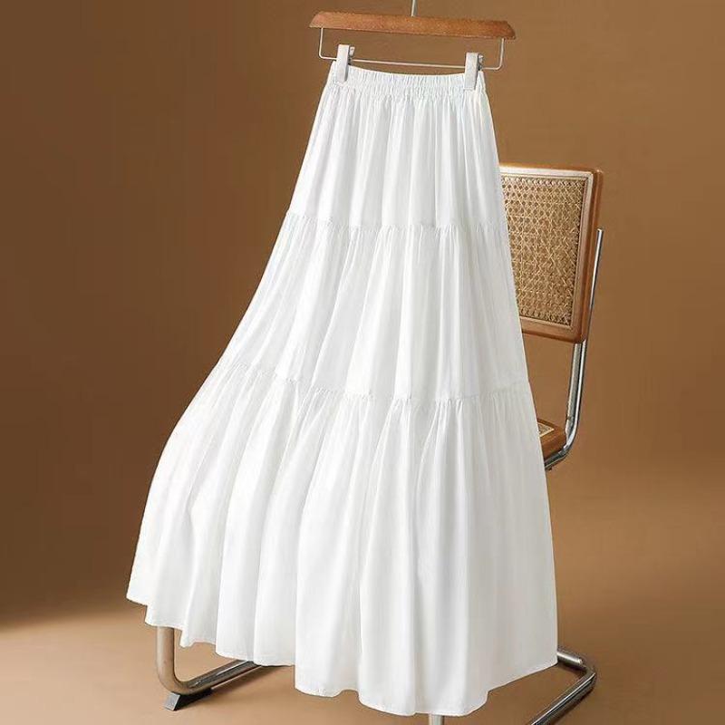Women's White High Waist Tiered Maxi Skirt Elastic Waist A-Line Lightweight Casual Long Skirt