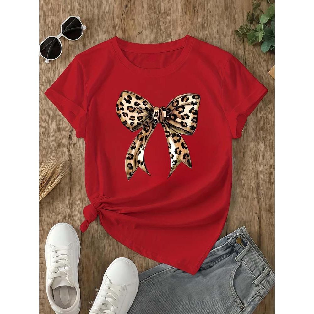 

Summer New 90s Leopard Print Bow Short Sleeve Print Clothing Women s T-Shirt Harajuku Graphic Clothing Women s Top Tee S