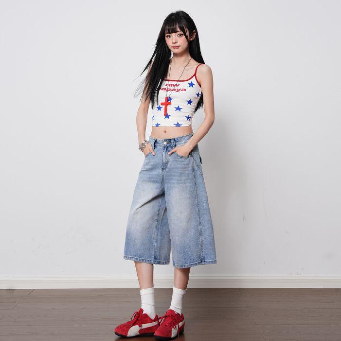 Fashion Bright Red High Waist Straight Wide Leg Cropped Capri Denim Pants For Women Loose Fit Trendy Versatile Slimming FigureFlattering Capri Pants