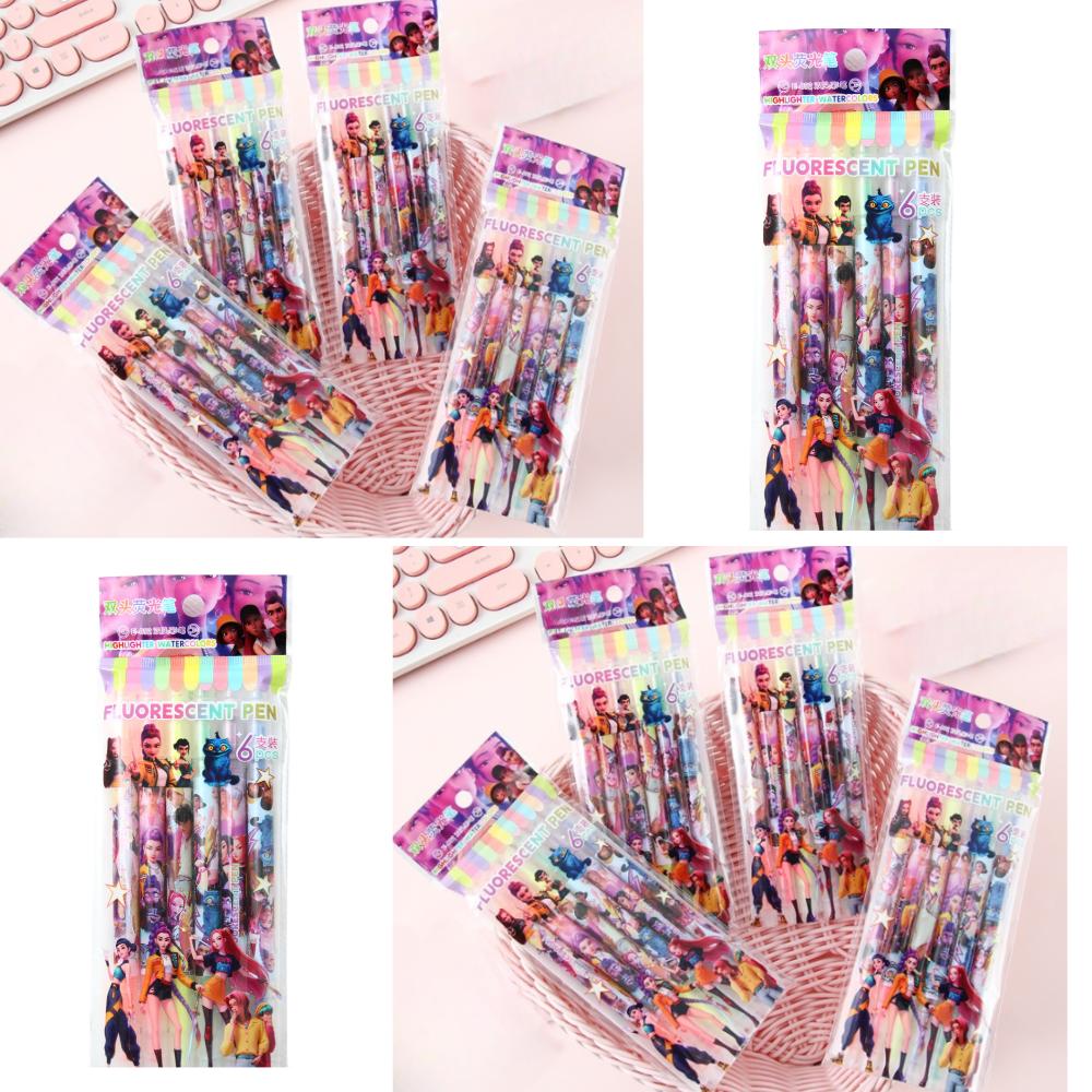 Durable K-Pop Demon Hunter Girls Dual-Tip Fluorescent Marker Cartoon Highlighter Pen Journal Doodling Pen Note-Taking Stationery Pen