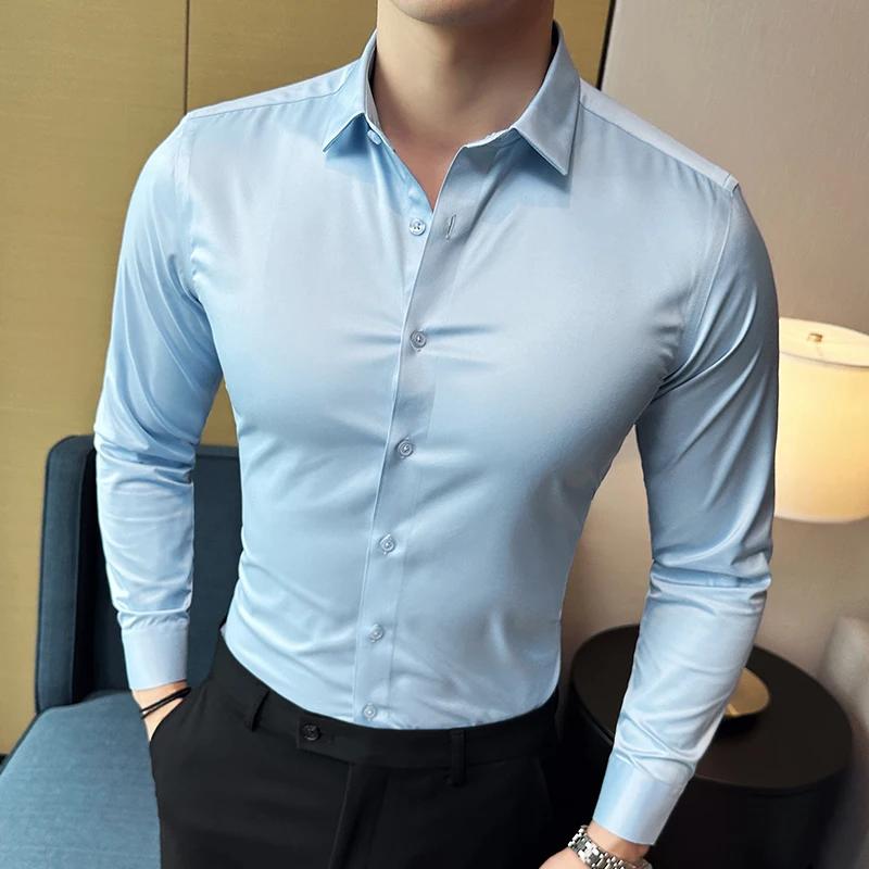 Black Men's Stretchy Wrinkle-Free Shirts, Blue Gray Red Green Asia Size M38-7XL46, White Plain Long Sleeve Office Dress Shirt.