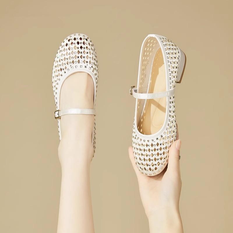 Fashion Vintage Single Shoes Women Summer New Round Toe Shallow Mouth Cutout Breathable Rhinestone Mary Jane Women's Shoes