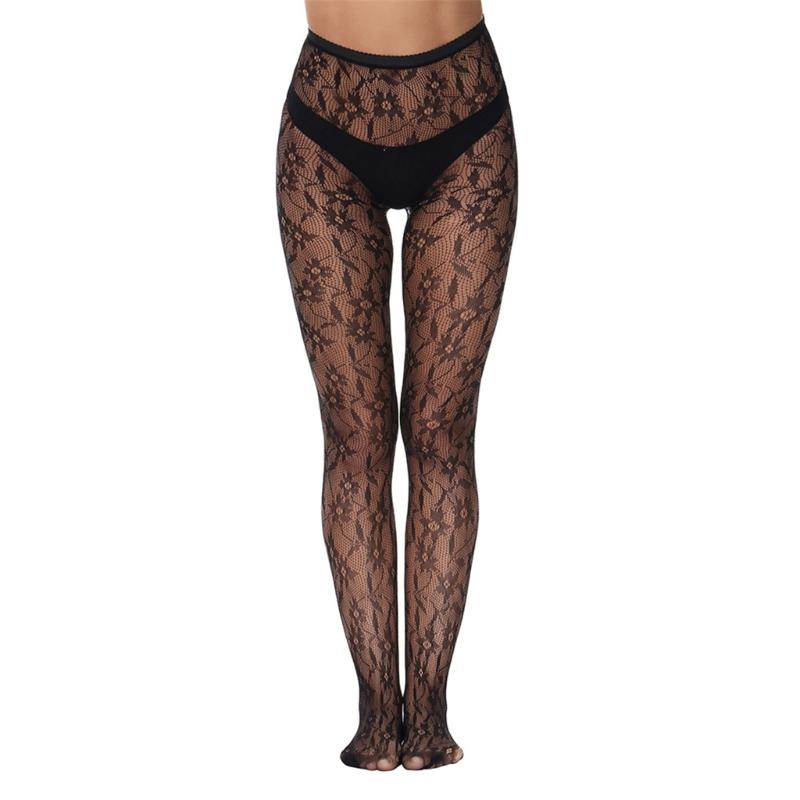 Women French Style Sheer Fishnet Mesh Pantyhose Stockings Aesthetic Elegant Hollowout Flower Patterned Tights Leggings 1 чёрный
